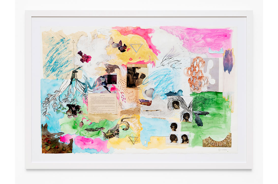 A textured collage of vibrant watercolor patches, cut out images of people, text excerpts, and hand-drawn pencil illustrations