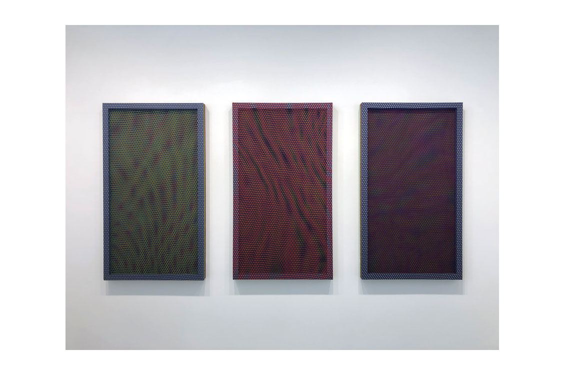 three canvases in different colors, with screens over them that change the colors