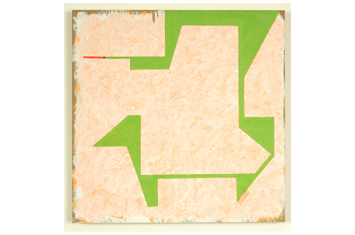 Abstract panel with large peach shape and green angular border.