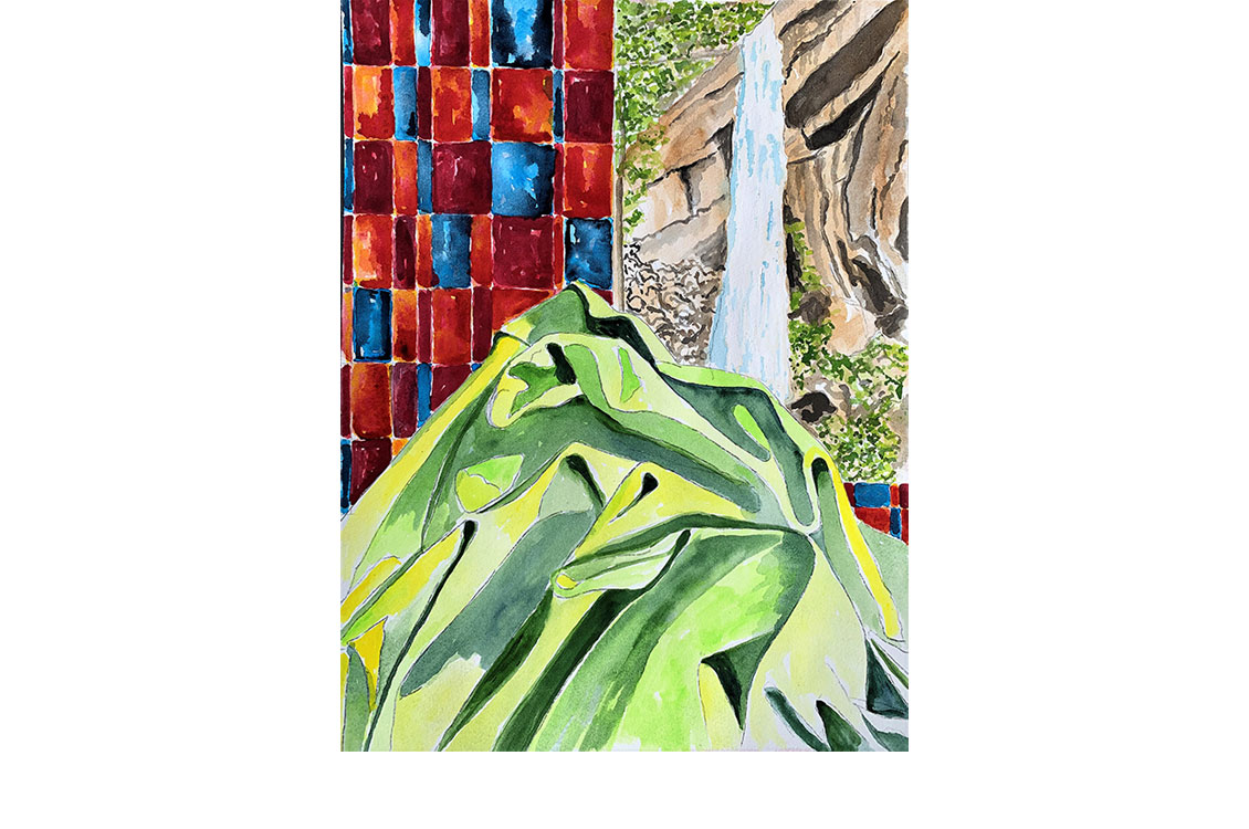 Painting of a folded green cloth in front of a waterfall and red and blue tiles.