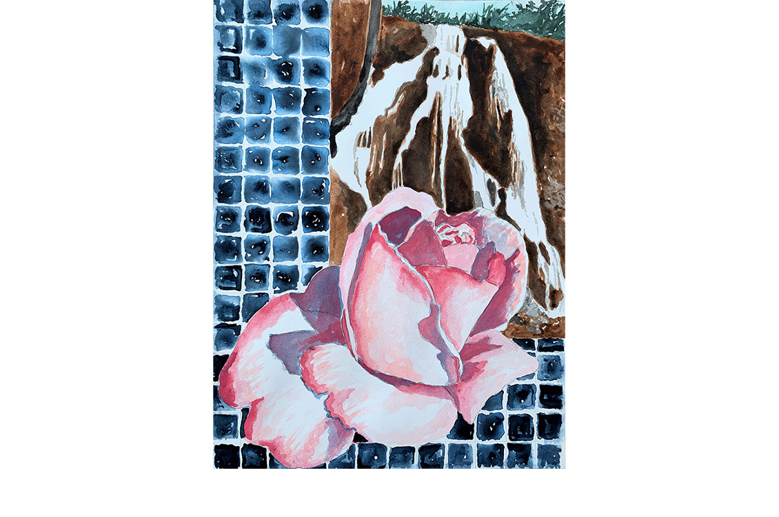 Painting of a pink rose, with a waterfall and a blue tile background.
