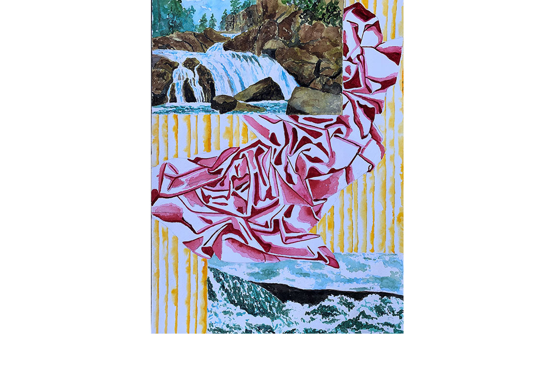 Folded red cloth on wood panel background, with images of waterfalls and an ocean wave in the corners.