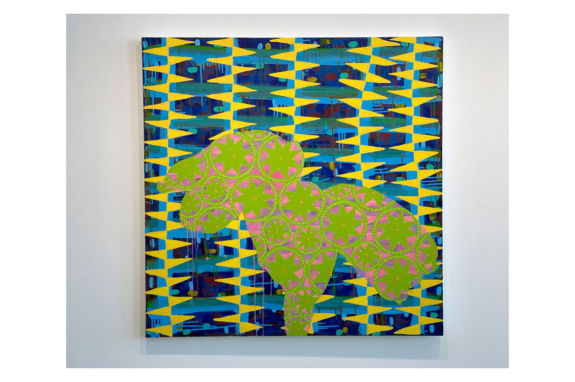 abstract painting, blue and yellow diamonds in the background, with an animal shape filled with pink and green gear shapes
