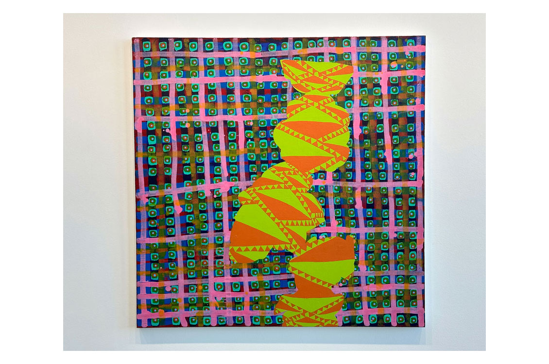 abstract painting, pink checked background with green circles, a tall, narrow shape in the center filled in with yellow green and orange shapes