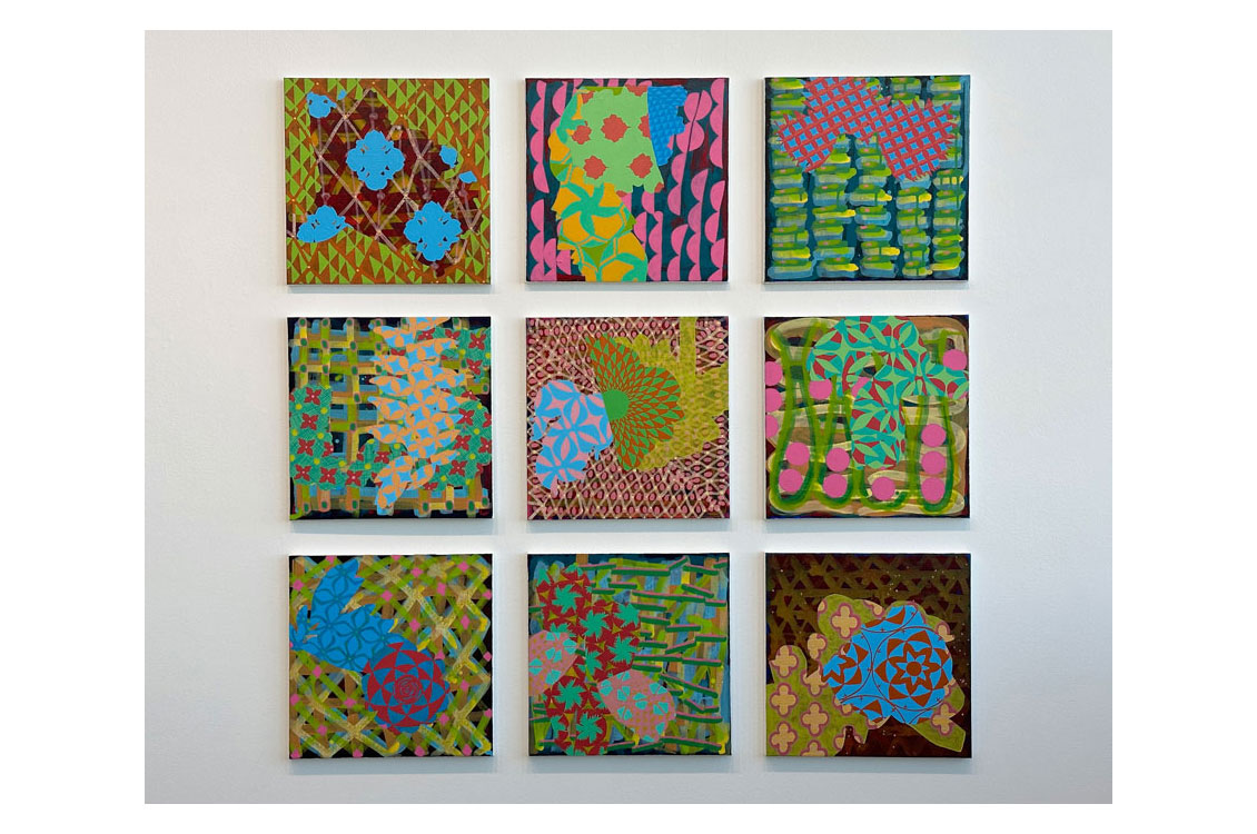 collection of nine abstract paintings arranged in a three by three grid
