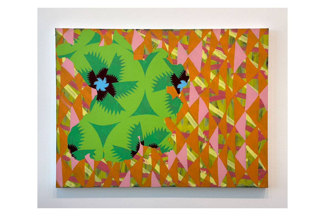 abstract painting of pink and orange triangles on a green background with green fruit shaped cutouts