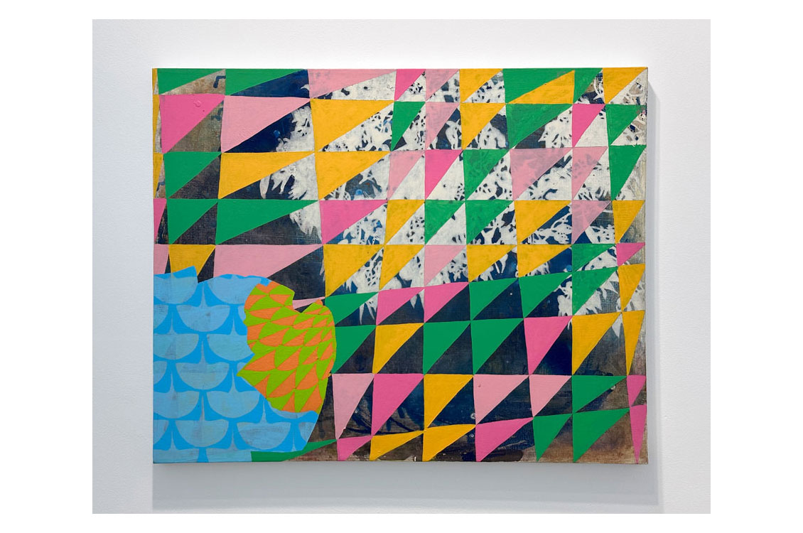 abstract painting of white shapes on a dark blue background layered with pink, green, and yellow triangles