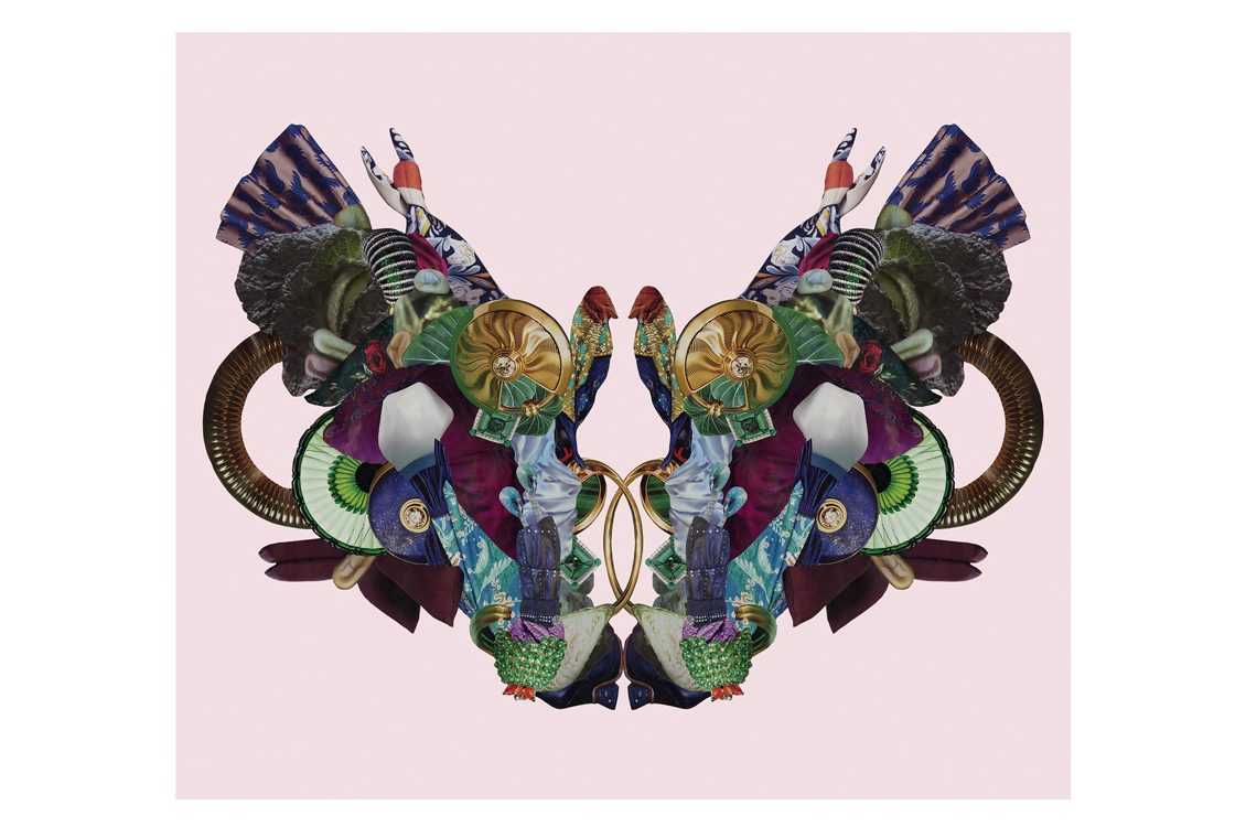 mirrored abstract collage including elements such as fabric and jewelry