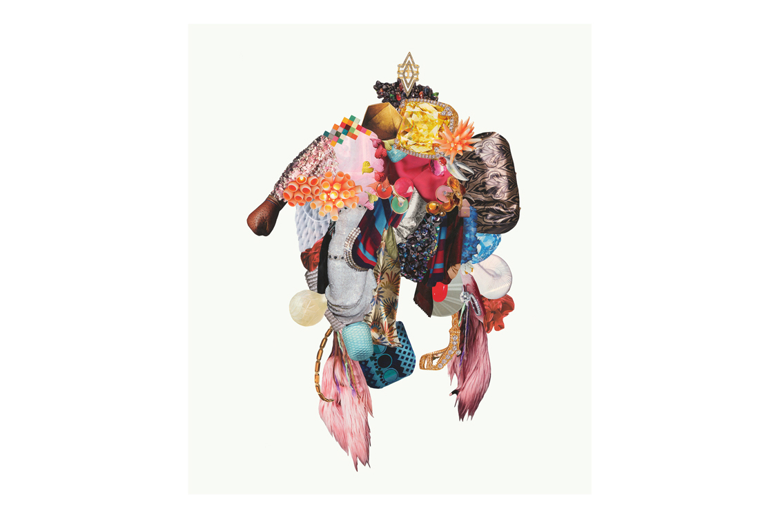 abstract college including elements such as fashion accessories, feathers, and beads with crown on top 
