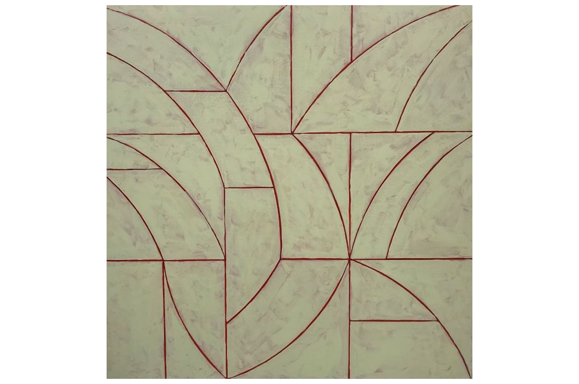 abstract tile-like painting with roughly flower shaped geometric patterns