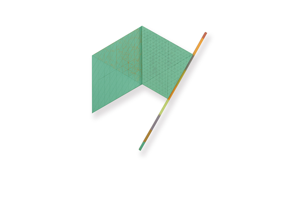 Green flag-like shape with parallel lines drawn on it attached to a stick striped in different colors.