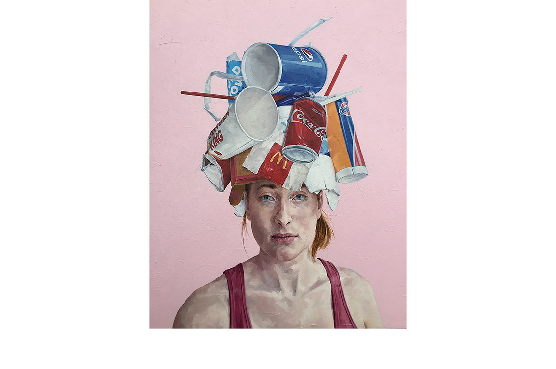 Painting of a woman with a hat made out of discarded fast food containers, primarily drink containers.