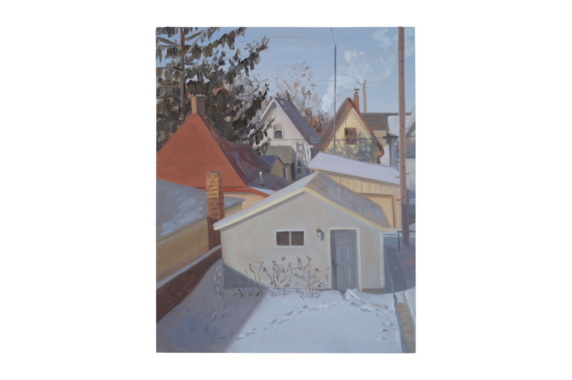 oil painting of houses in winter, with snow on rooves