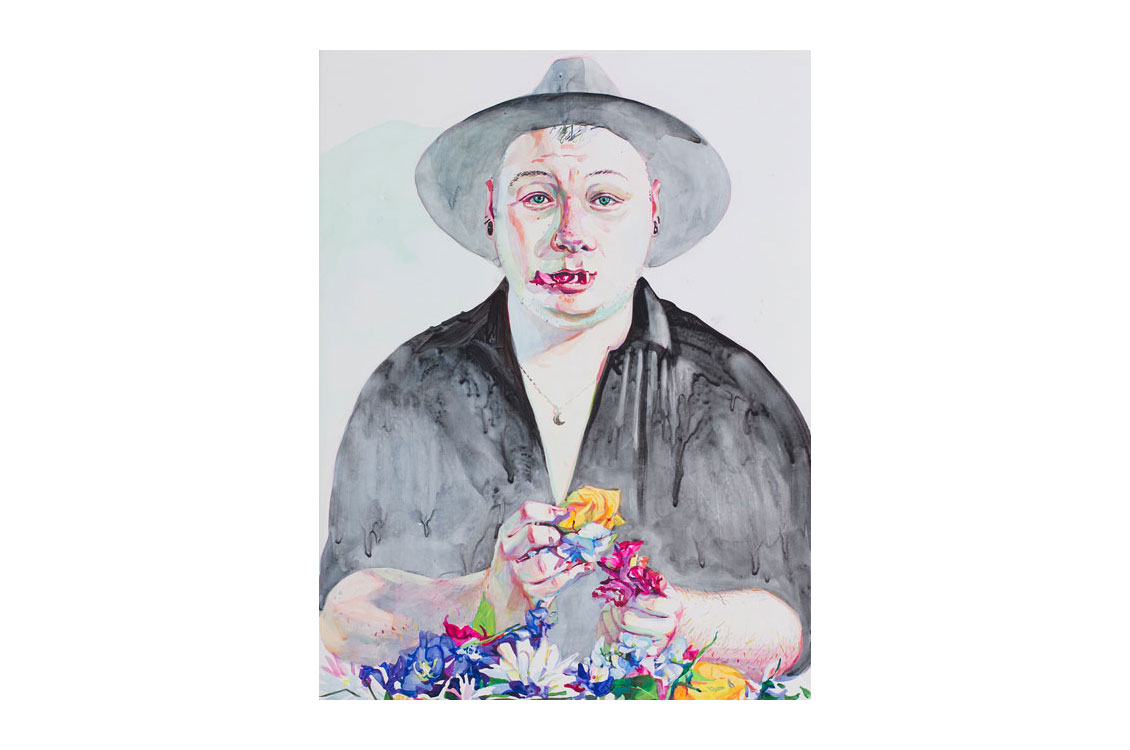 watercolor portrait of a man holding flowers