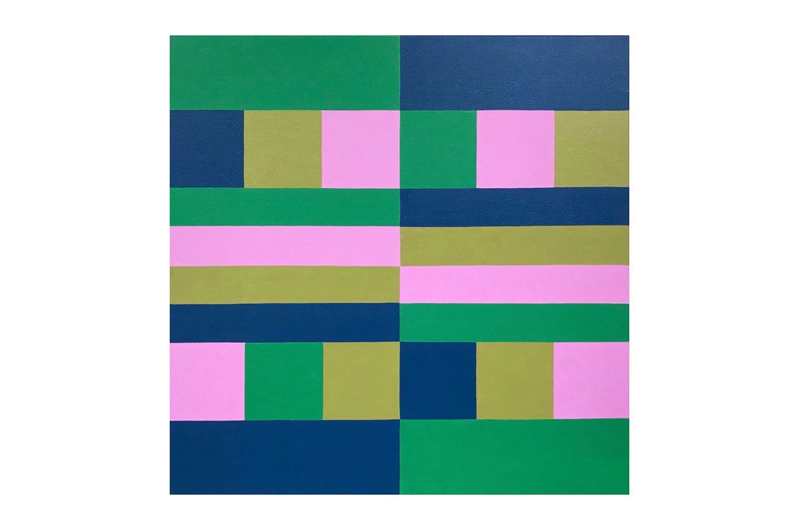 abstract painting with green, pink, blue, and yellow squares