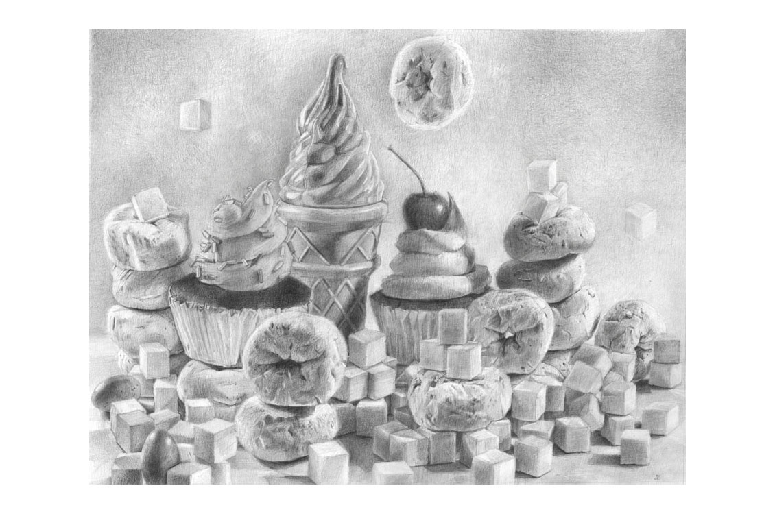 a grayscale pencil drawing of a pile of cupcakes and other sweets