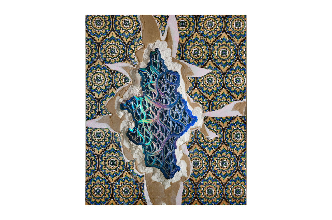 patterned wallpaper torn aside to reveal iridescent blue wirework