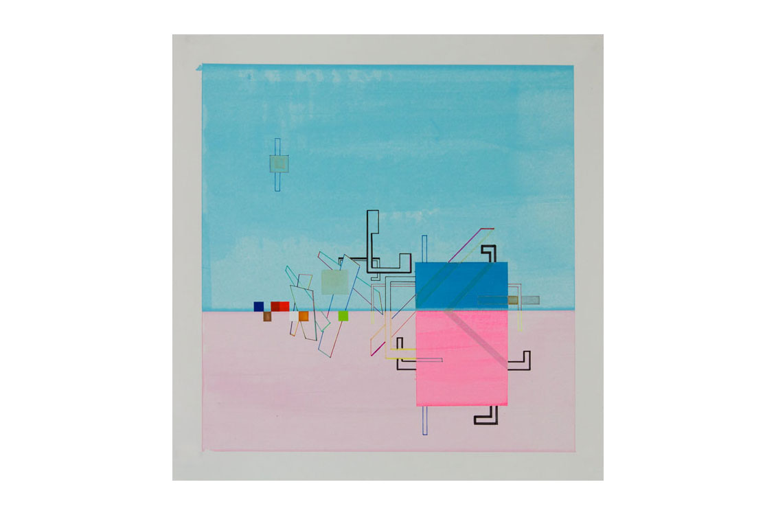 an abstract piece with a blue and pink square figure on a background of lighter blue and pink