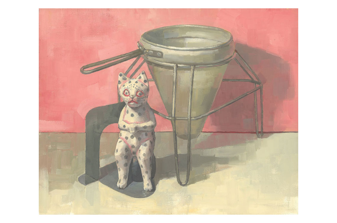 still life painting of a stuff polka dot cat propped against a coffee filter