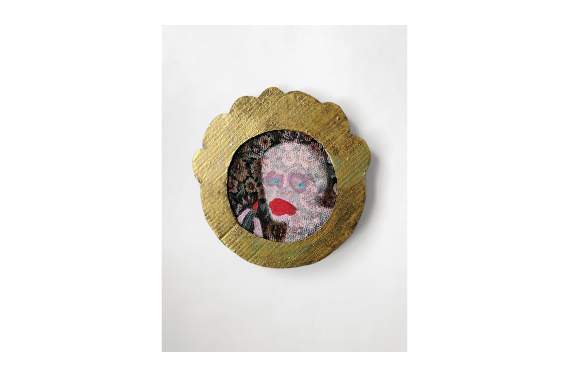 acrylic painting of an abstract human face surrounded by a scalloped gold edge