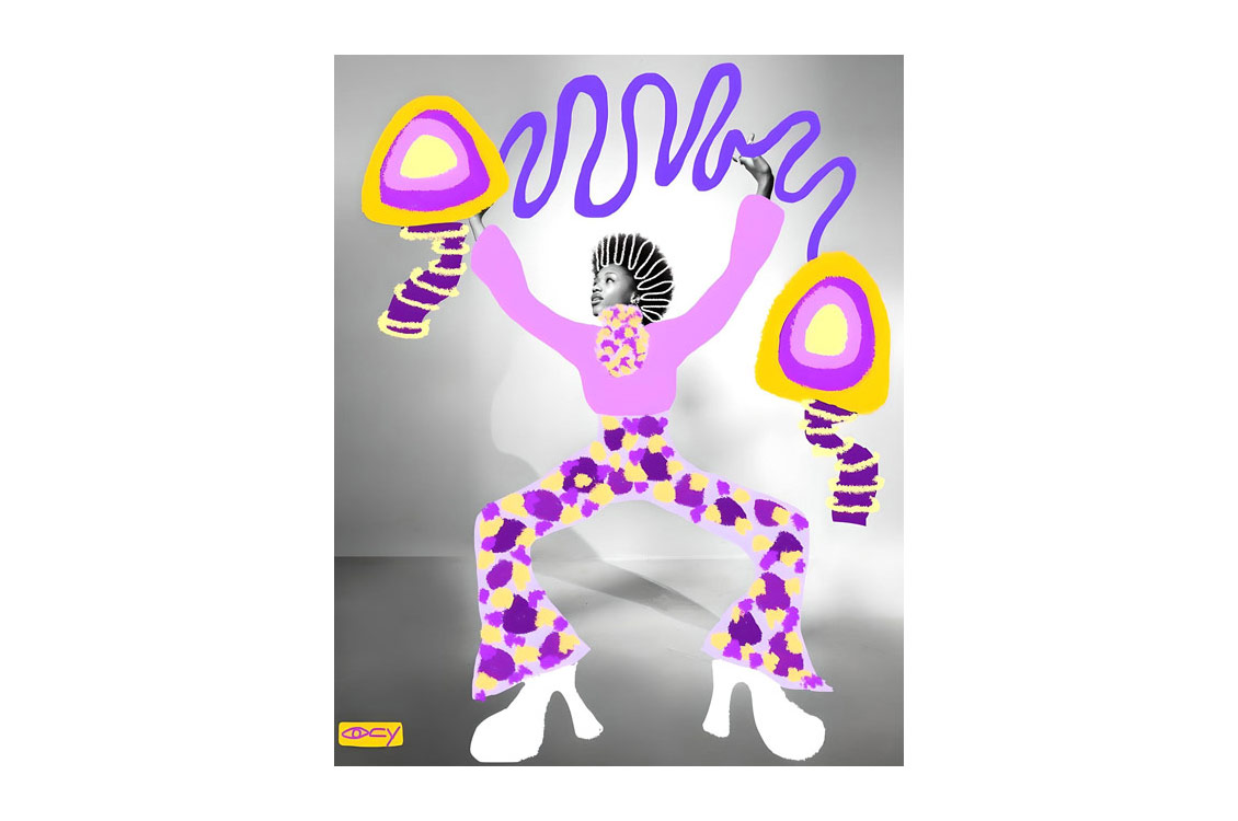 abstract piece of an altered photo of a person with arms  and legs out wide, with accentuated clothing drawn on top