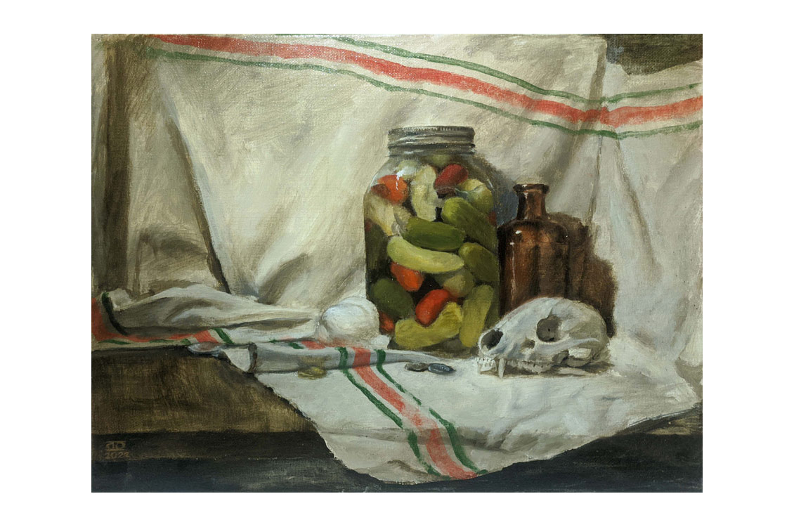 still life painting of a jar of preserves, a skull, and an empty glass jar on a cloth background