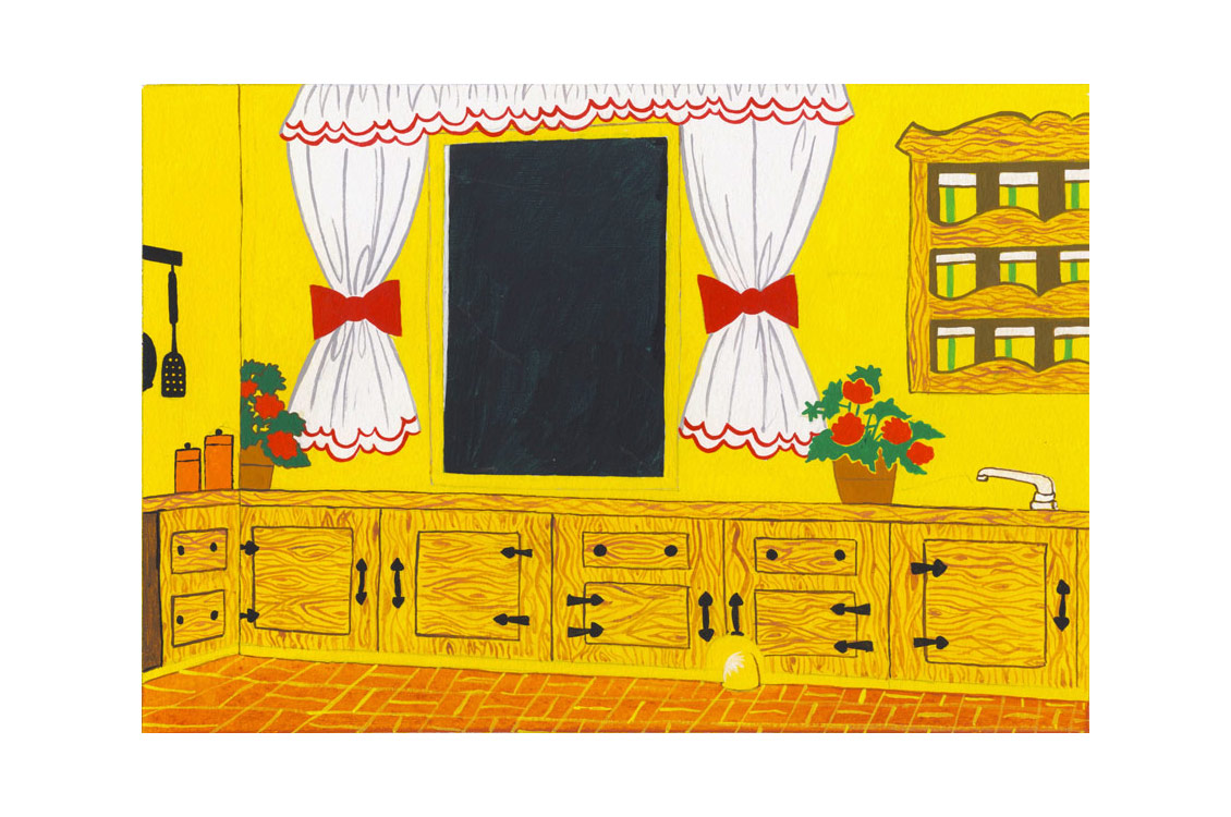 painting of a yellow kitchen interior