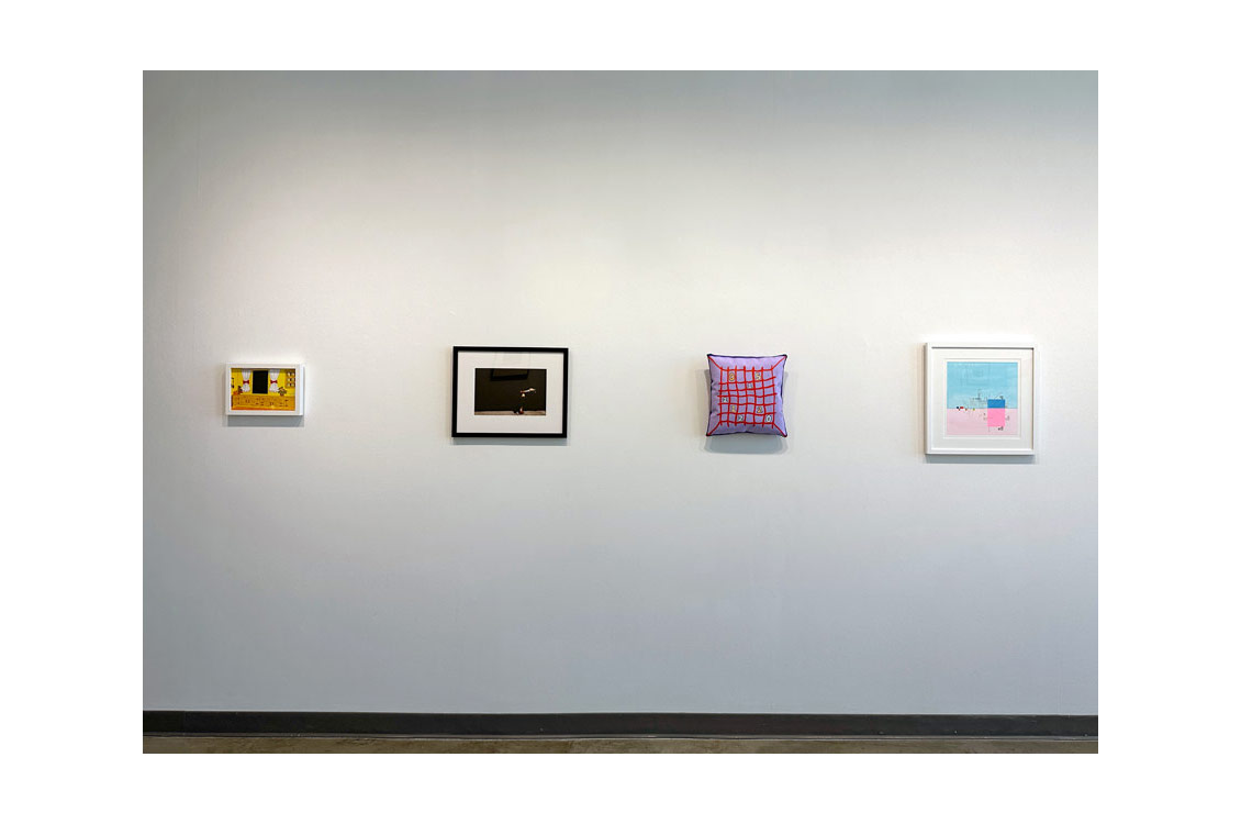 installation view of small works gallery with four paintings hung on wall