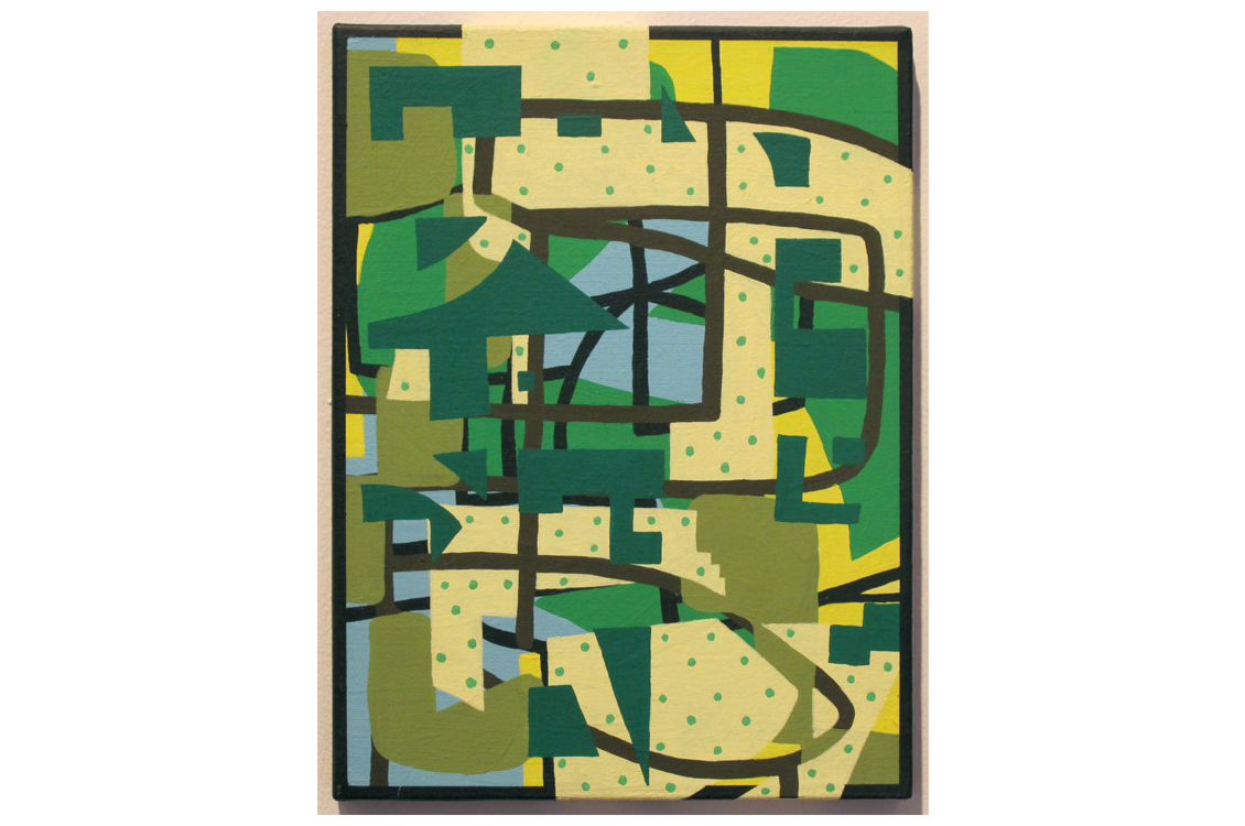 abstract acrylic painting with green and off white squares