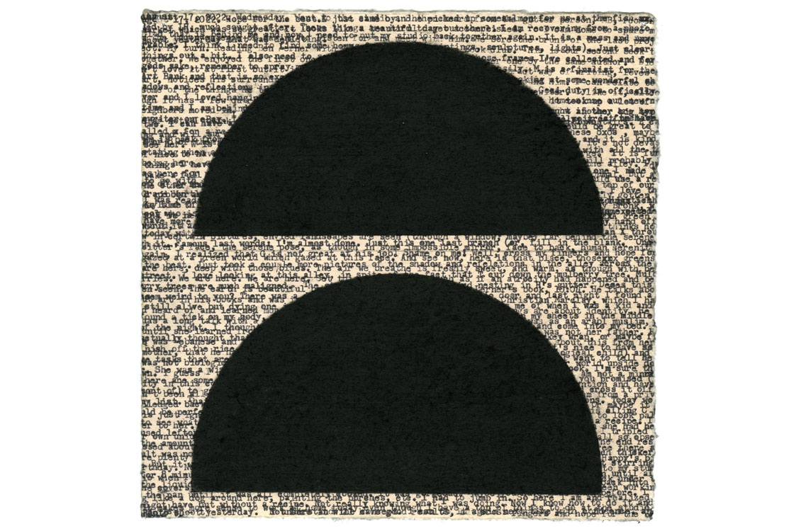 Two black semicircles centered on a square canvas with dense, illegible black text in the background.