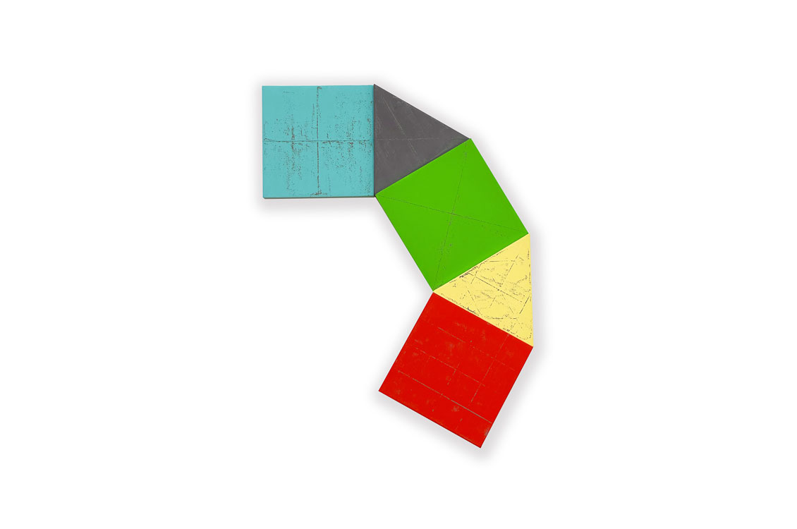 Five textured squares in a curved pattern, colored blue, gray, green, yellow, and red from top to bottom.