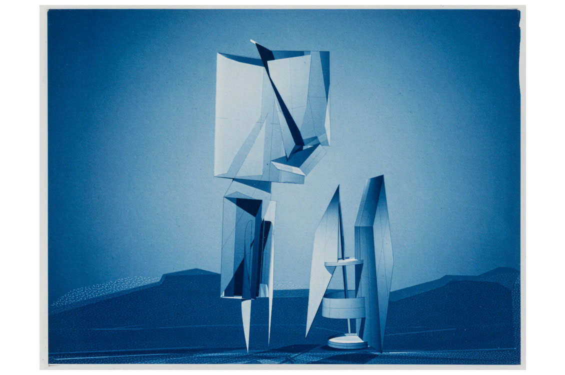 Abstract blue three dimensional shapes set against a gradient blue background.