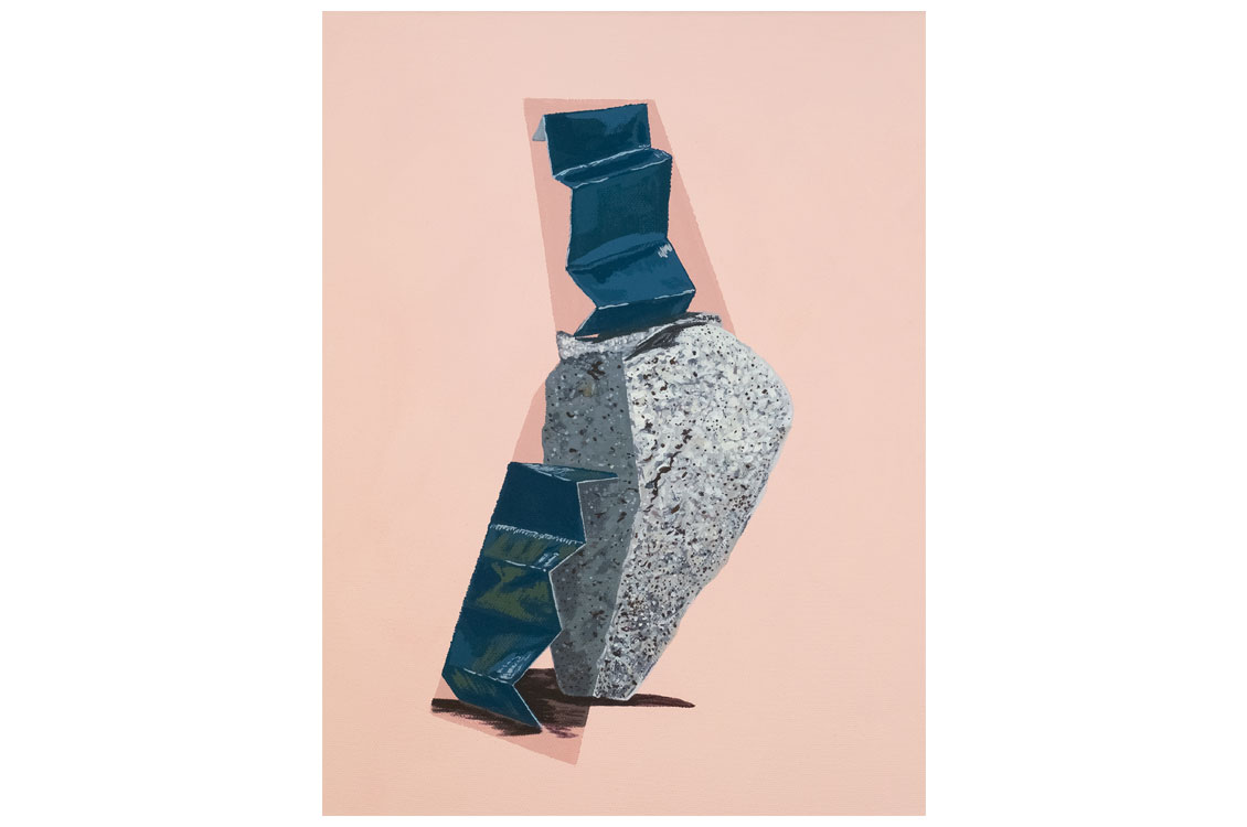 Abstract art with rough stone and folded blue metallic shapes set against a light pink background.