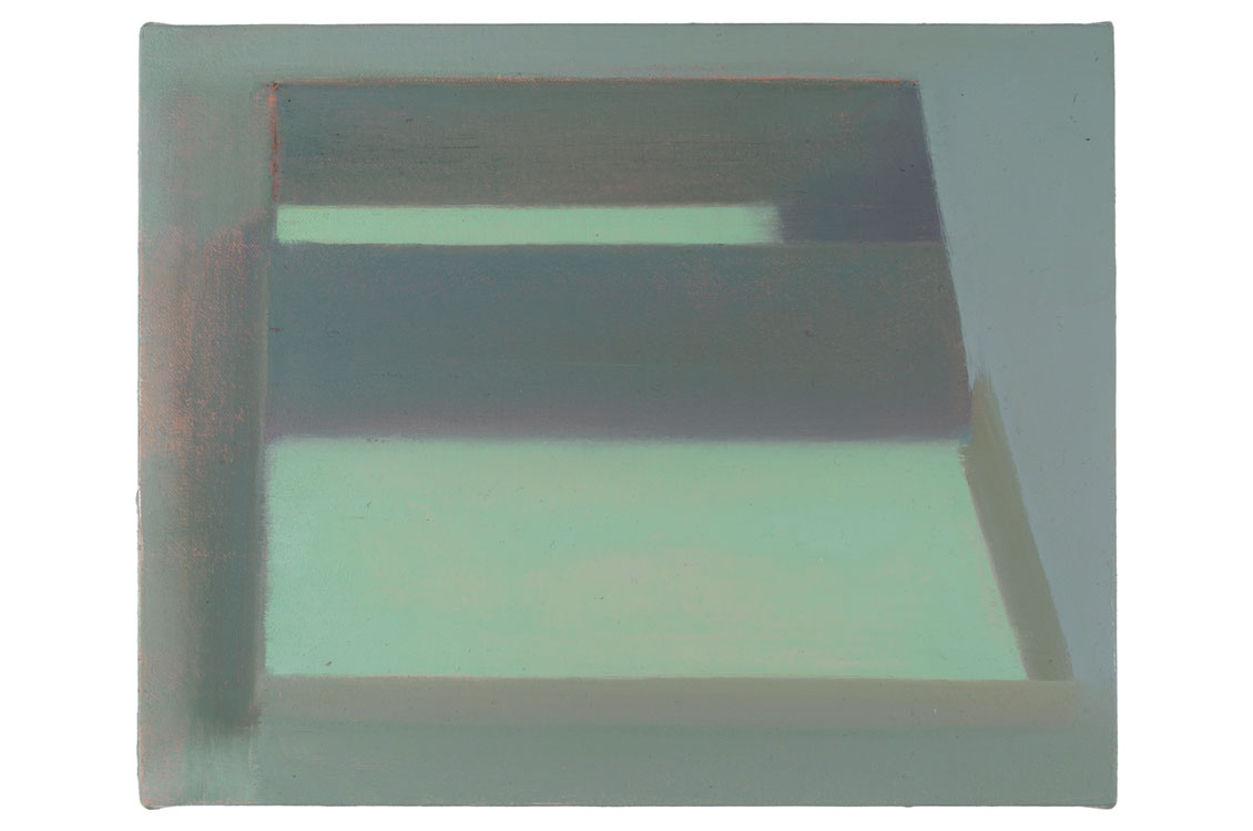 Abstract geometric painting in muted green and gray tones, suggesting an angled architectural form.