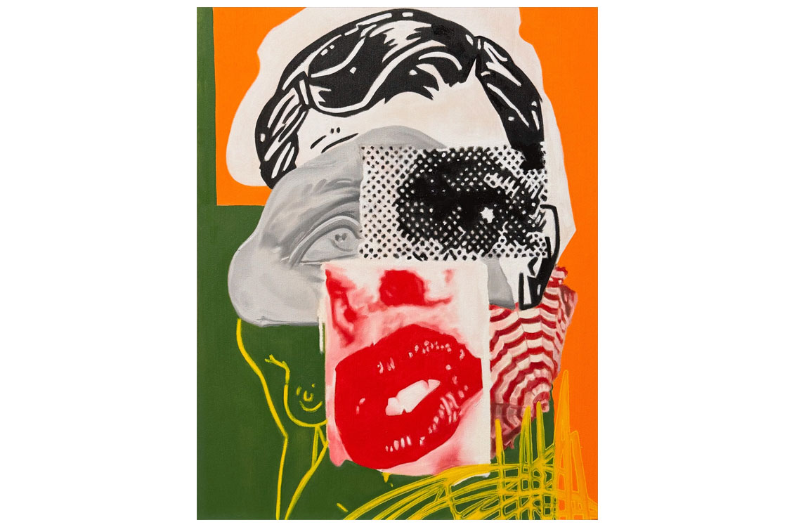 Mixed-media portrait collage with a sketched head, halftone eye, and red lips on an orange and green background.