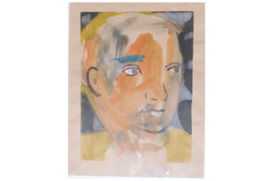Painted portrait of a child's face in loose orange, yellow, and blue brushstrokes.