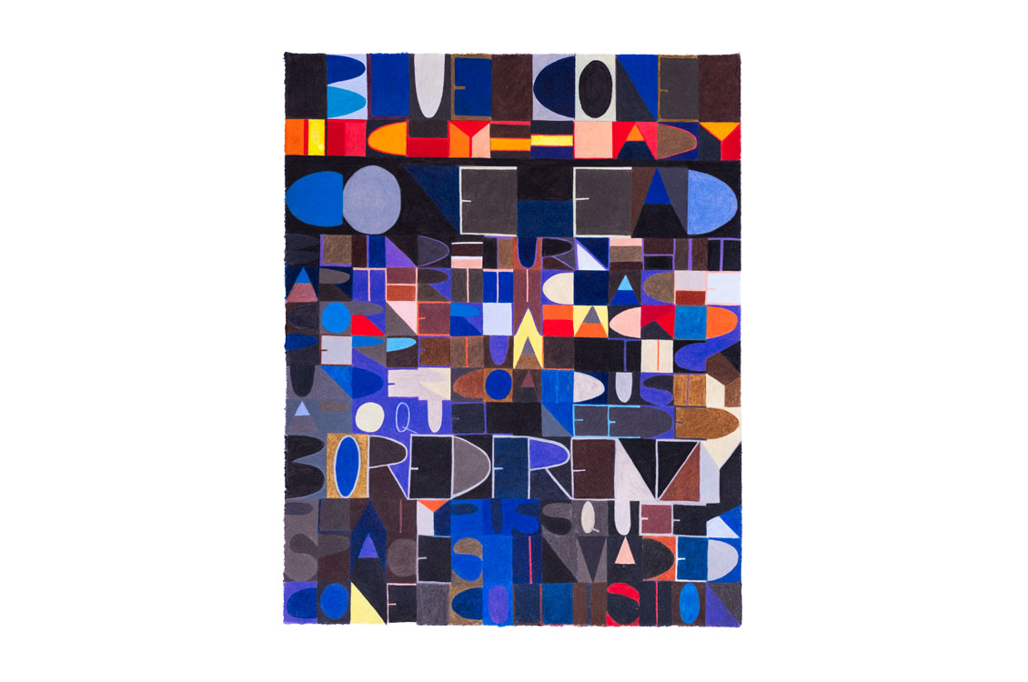 Colorful abstract painting with fragmented letters and geometric shapes forming a grid pattern.