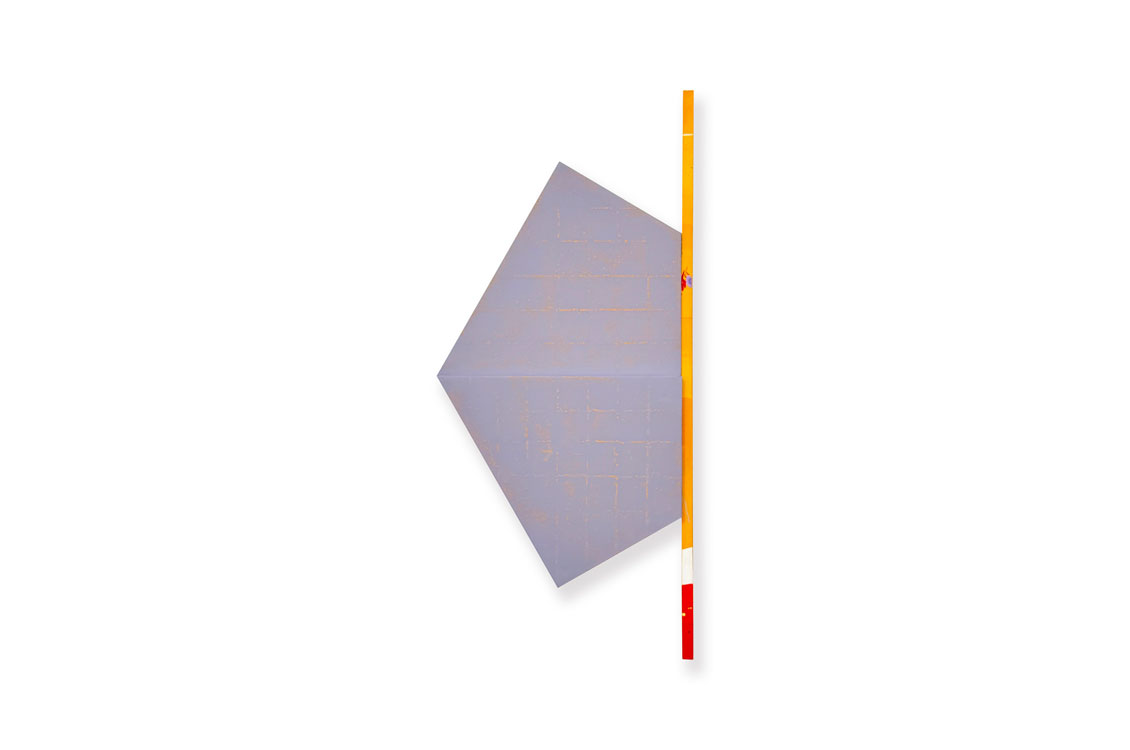 Wall sculpture with a gray pentagon shape beside a striped orange, red, and white vertical bar.