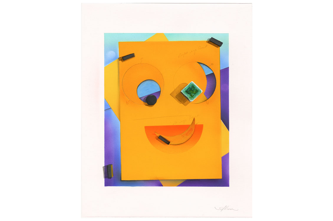 Mixed-media collage of an orange smiley face with cut-out eyes and small black tabs against a blue and purple background.