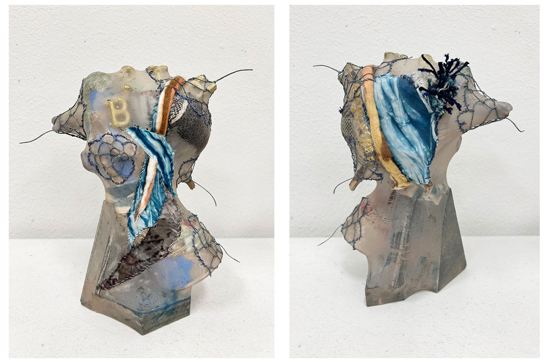 Two views of a mixed-media bust sculpture with fabric, mesh, and thread embellishments.