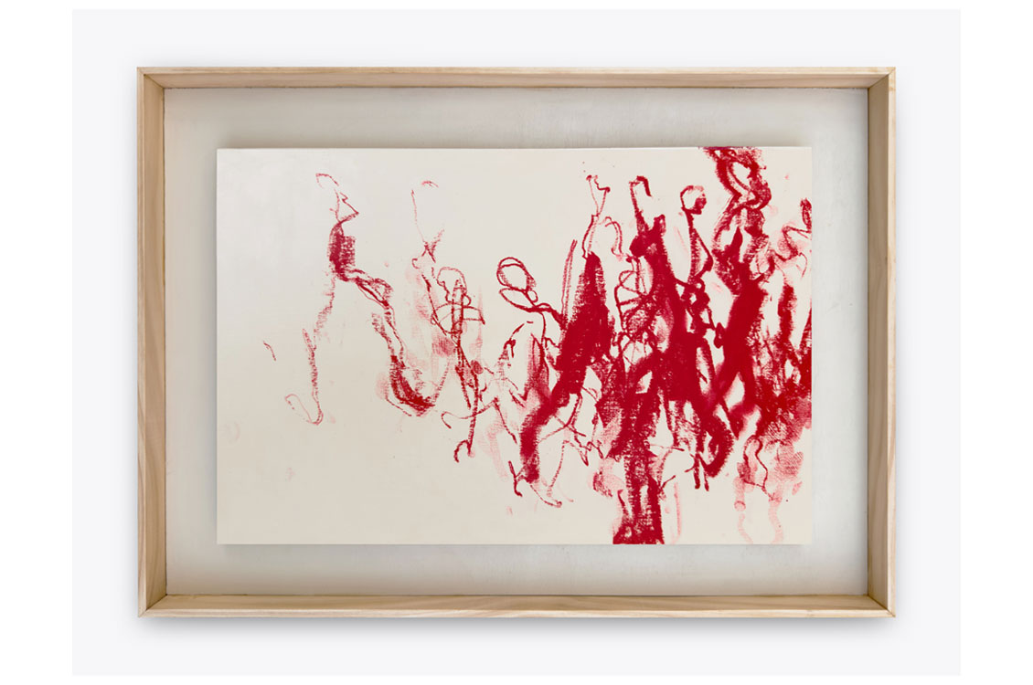 Framed painting of loose red scribbled lines on a cream background.