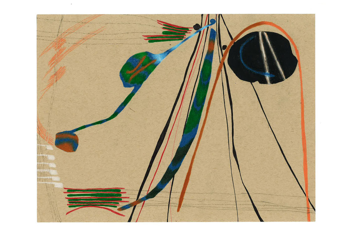Abstract drawing with colorful organic shapes and thin lines on tan paper.