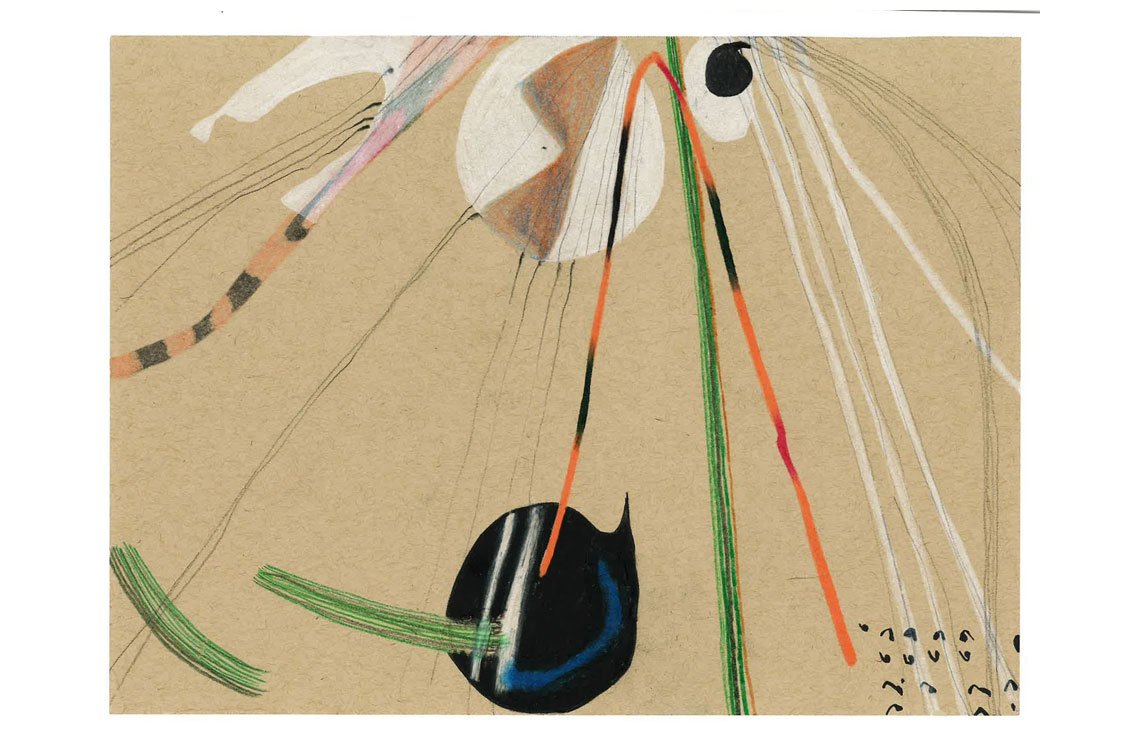Abstract drawing with a black orb, orange and green lines, and radiating pencil marks on tan paper.