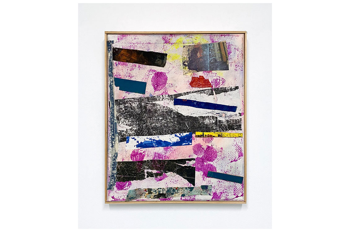 Abstract collage painting with pink, black, and blue geometric fragments.