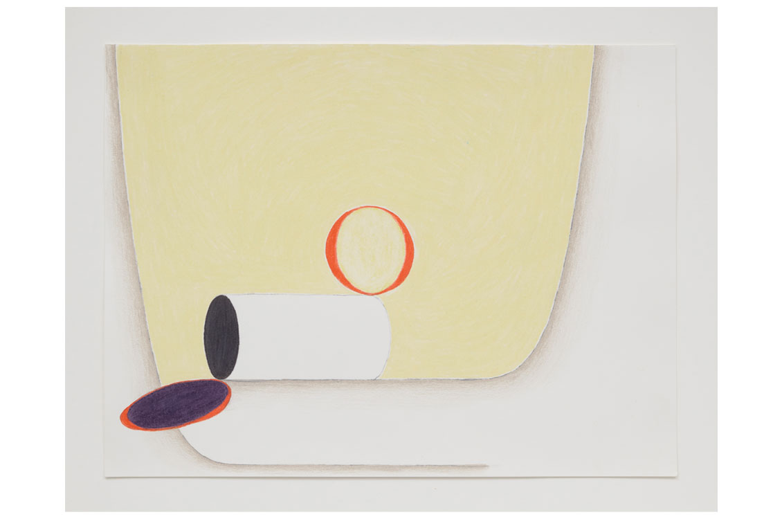 Minimalist drawing of a cylinder, circle, and oval on a pale yellow background.