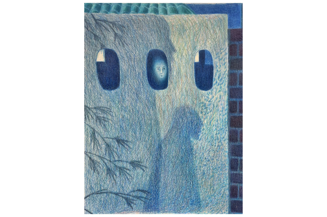 Blue-toned drawing of a figure and face in an archway on a textured wall.