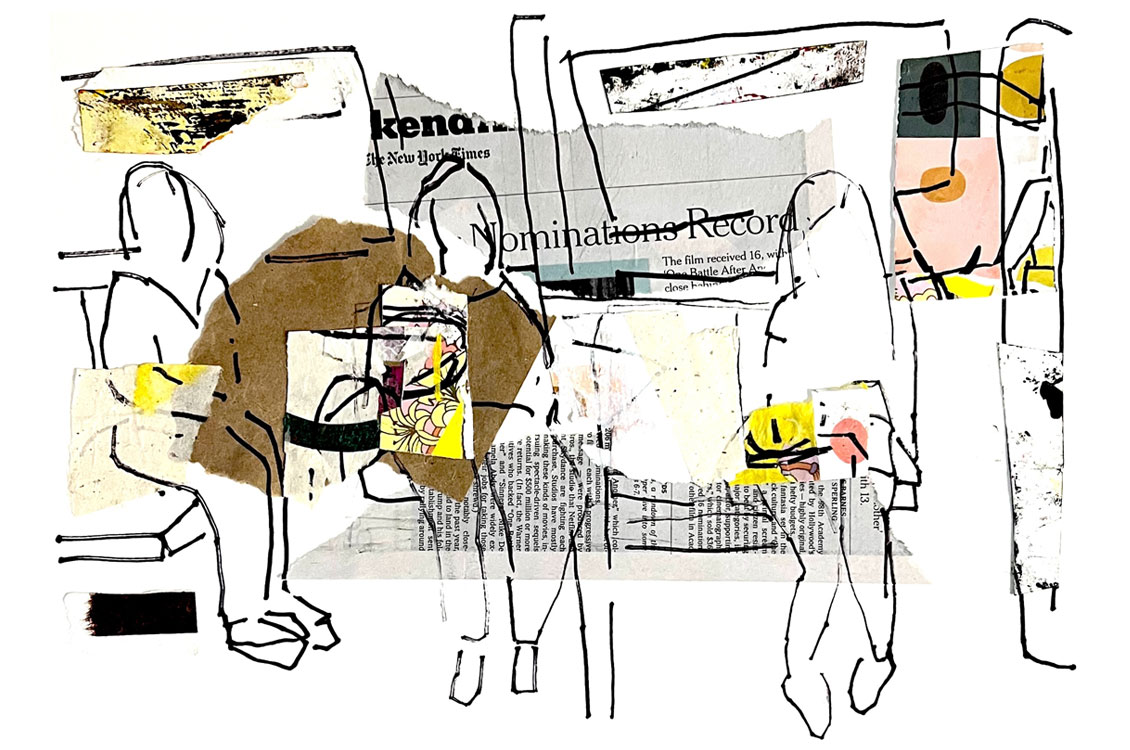 Mixed-media collage with sketched figures over newspaper clippings and colored shapes.