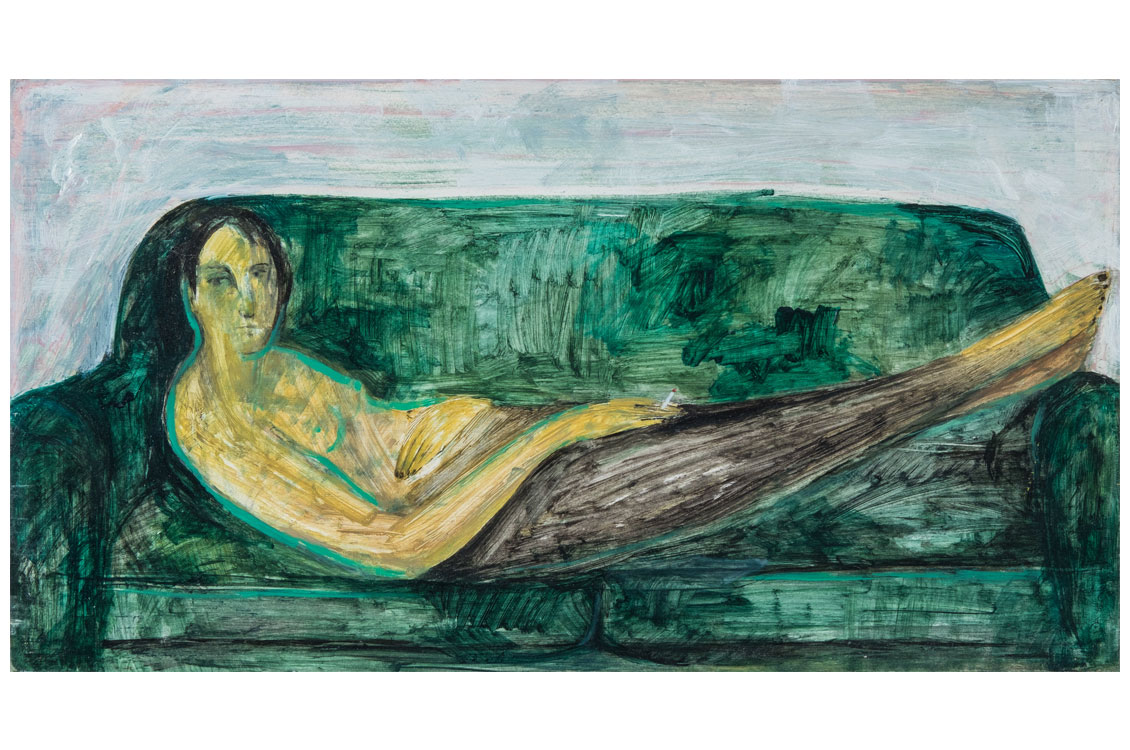 Painting of a reclining figure on a green couch.