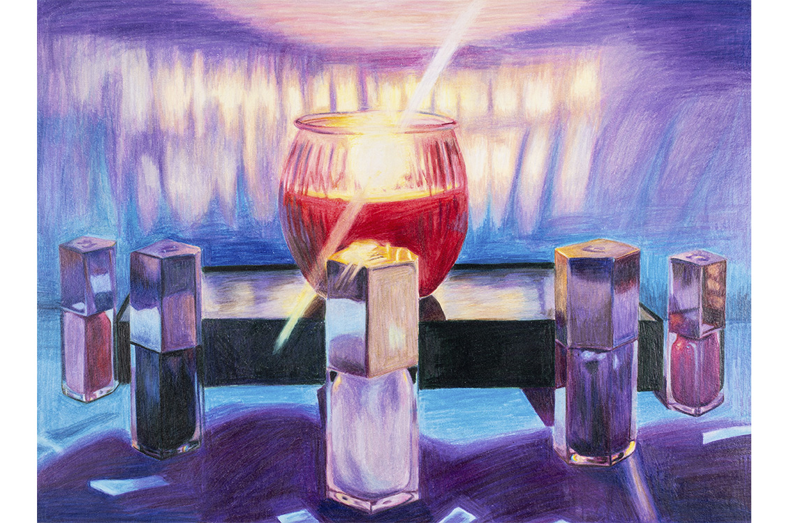 drawing of lit candle in glass jar surrounded by perfume bottles