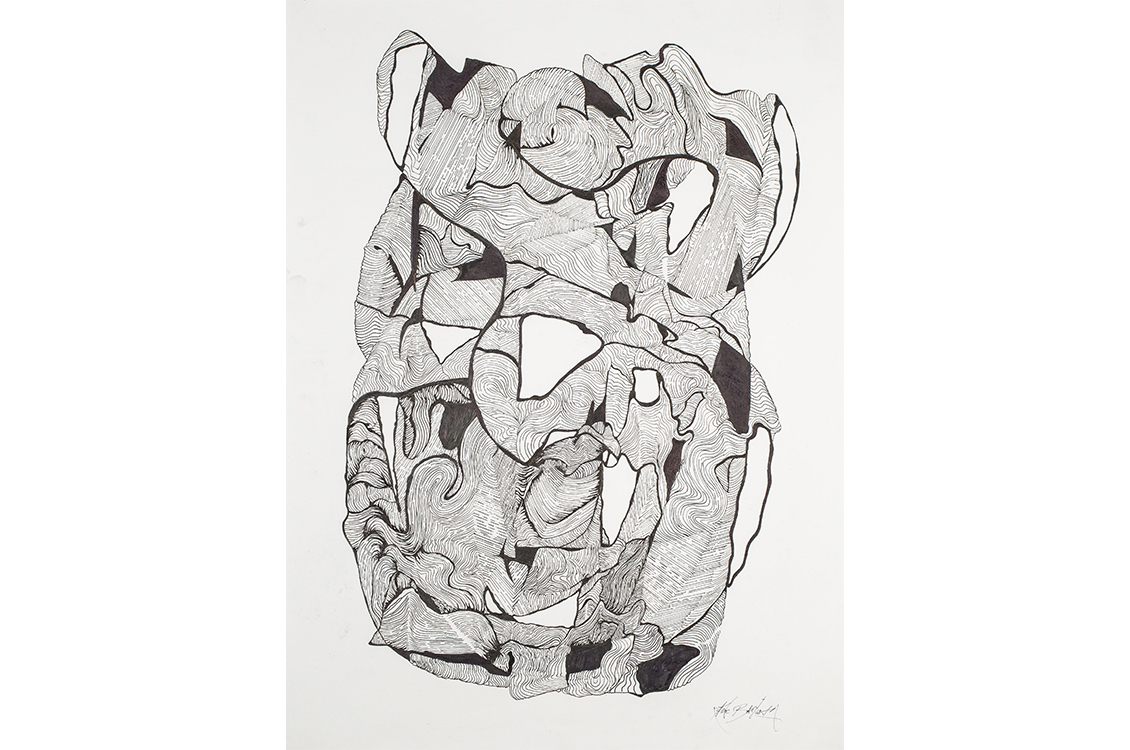 abstract black and white drawing with curved lines